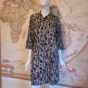 Dana Buchman Zebra Print Button-Down Shirt Dress Size 10 Black & Beige Office